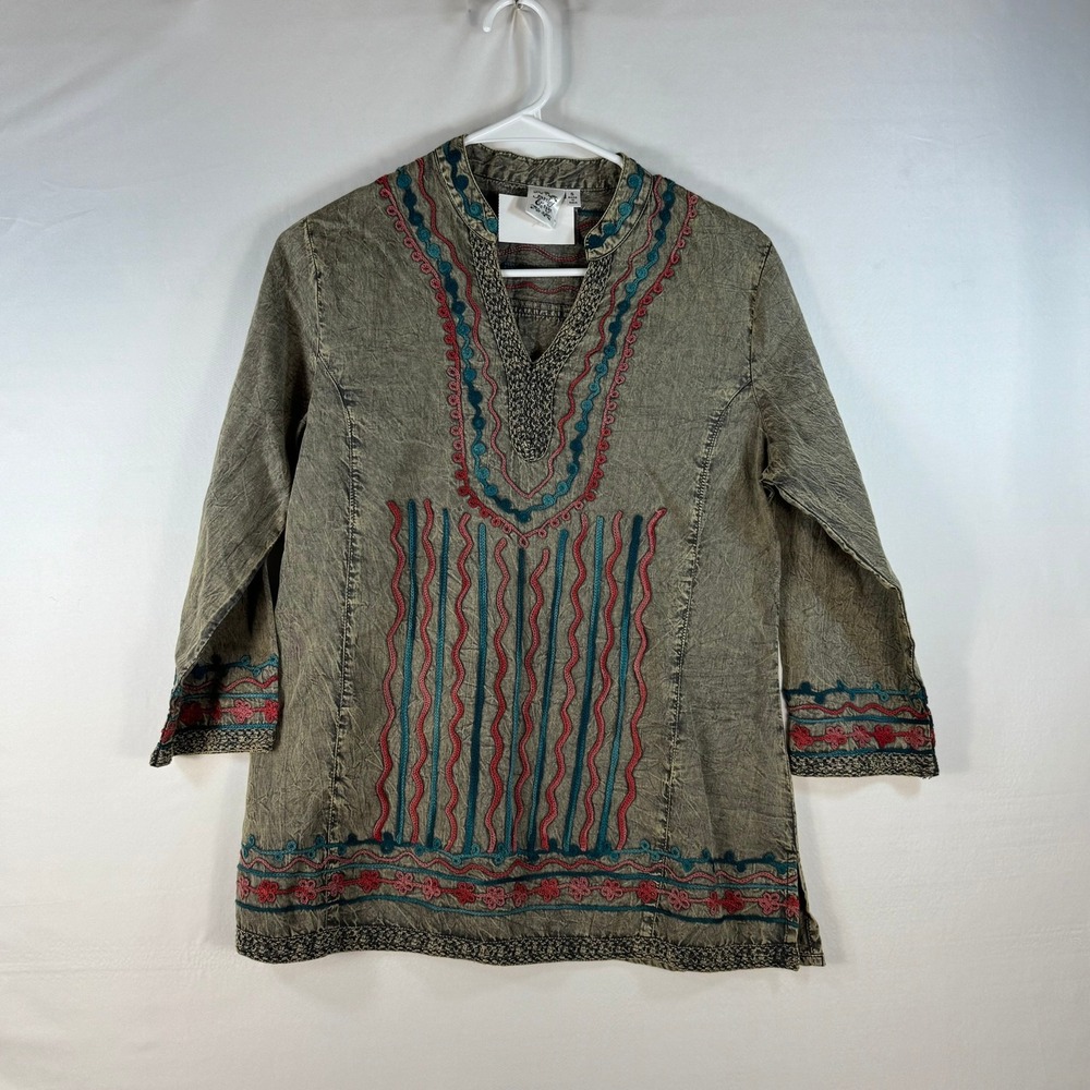 Parsley & Sage Womens Small Olive Green Acid Wash Embroidered Boho Tunic Top